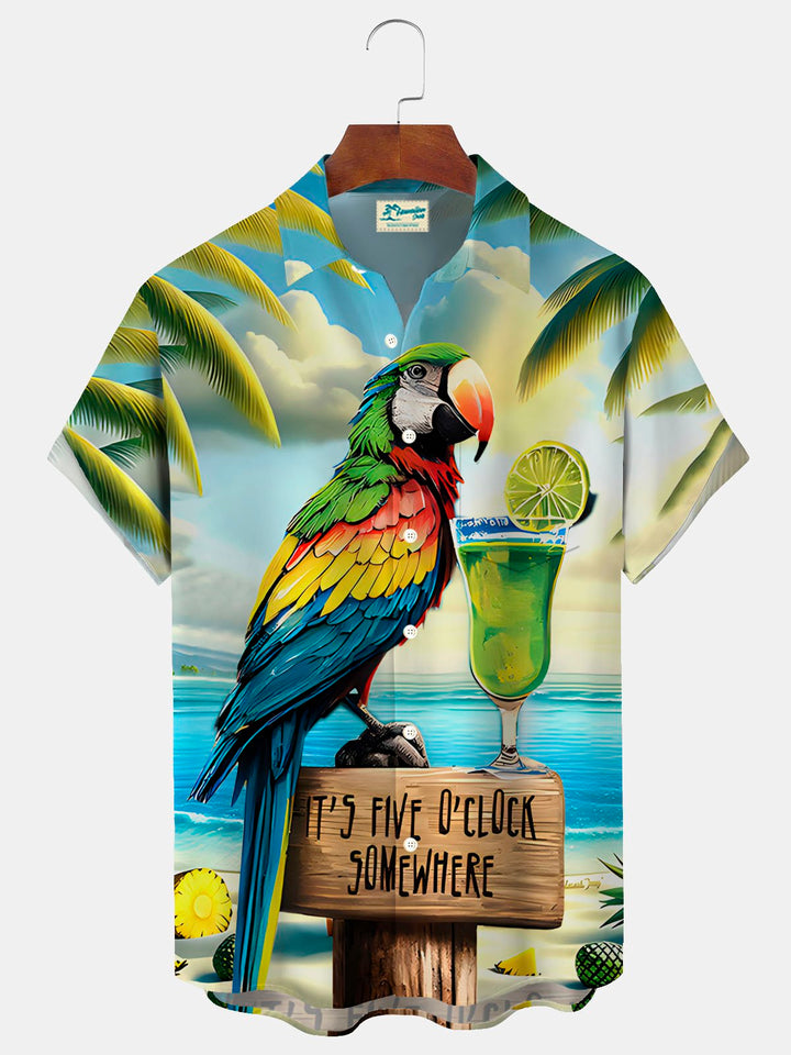 Chemise à manches courtes et poches boutonnées pour homme avec imprimé perroquet hawaïen et cocotier Alohadaddy