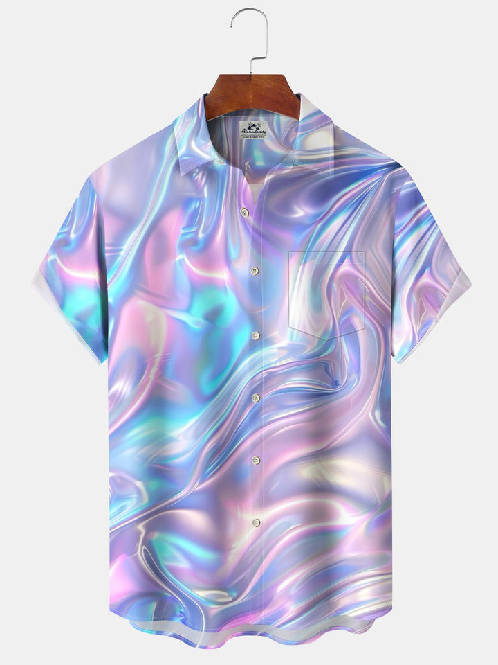 Alohadaddy Hawaiian Gradient Geometric Art Print Button Cardigan Pocket Stretch Large Size Short Sleeve Shirt