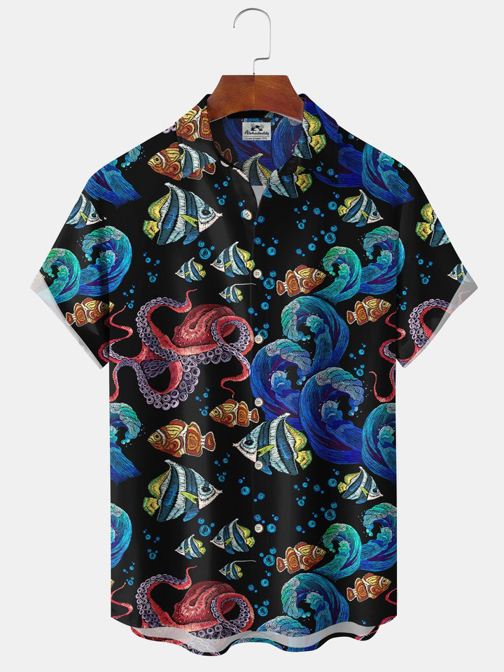 Camisa hawaiana Alohadaddy con diseño de pulpo, pez tropical y vida marina para vacaciones en la playa
