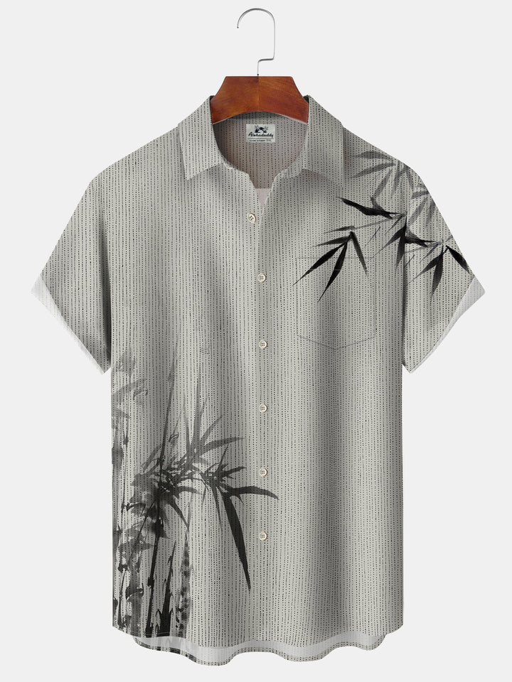 Alohadaddy Hawaiian Casual Ink Bamboo Print Art Pocket Button Cardigan Stretch Large Size Short Sleeve Shirt