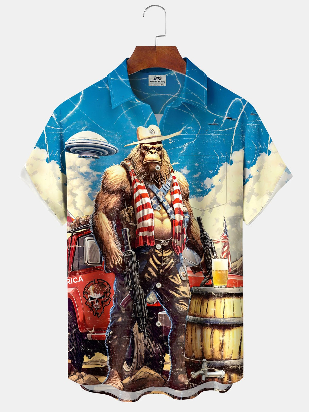 Alohadaddy Holiday Collection Independence Day Bigfoot Button Cardigan Pockets Stretch Oversized Polyester Short Sleeve Shirt