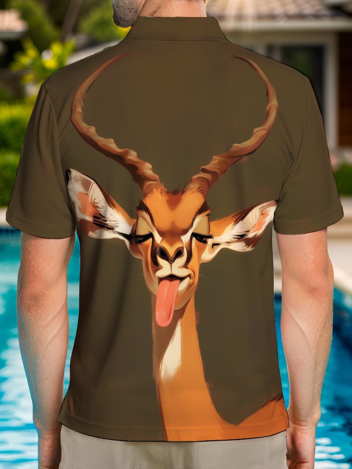 Alohadaddy Casual Animal Sheep Print Art Buttons Pockets Stretch Large Size Polyester Short Sleeve Polo Shirt