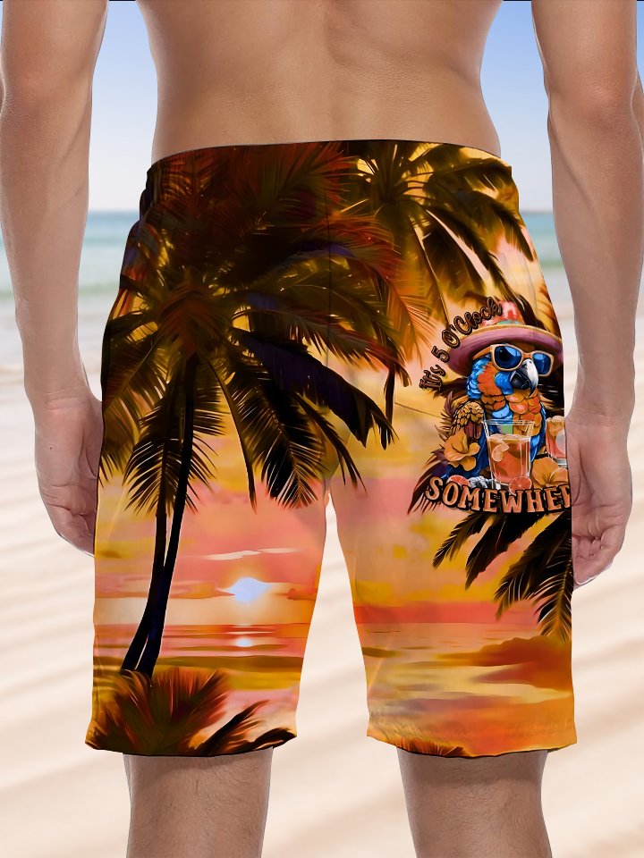 Alohadaddy Hawaiian Palm Tree Parrot Elastic Waist Drawstring Print Art Stretch Polyester Beach Shorts