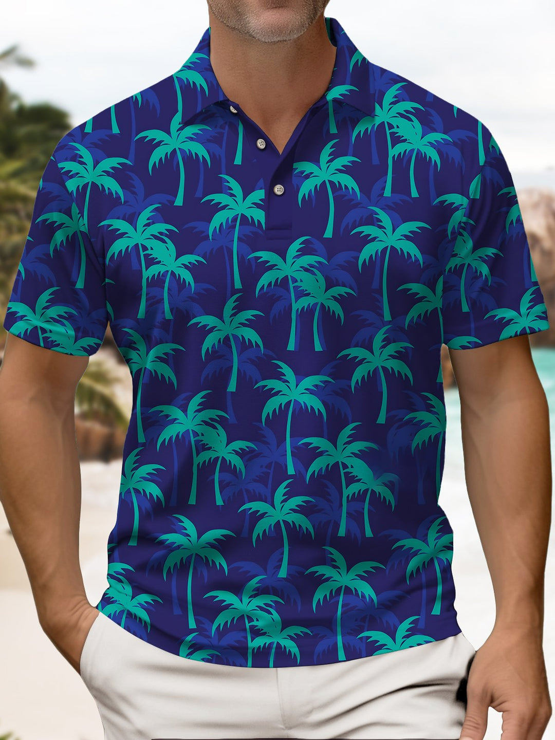 Alohadaddy Hawaiian Casual Palm Trees Painting Art Buttons Large Size Long Polyester Polo Shirt