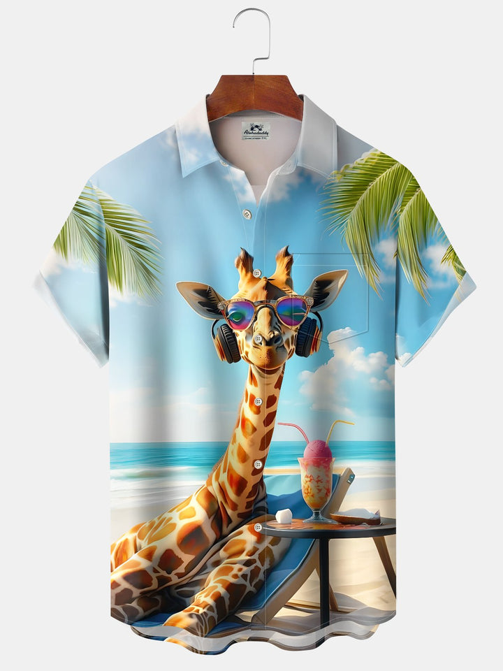 Alohadaddy Casual Collection Resort Giraffe Art Print Button Cardigan Pocket Polyester Stretch Short Sleeve Shirt