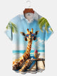 Alohadaddy Casual Collection Resort Giraffe Art Print Button Cardigan Pocket Polyester Stretch Short Sleeve Shirt