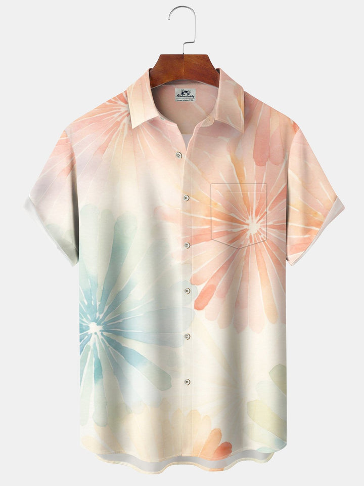 Alohadaddy Casual Daily Flowers Smudge Gradient Print Art Polyester Pocket Cardigan Stretch Long Large Size Short Sleeve Shirt