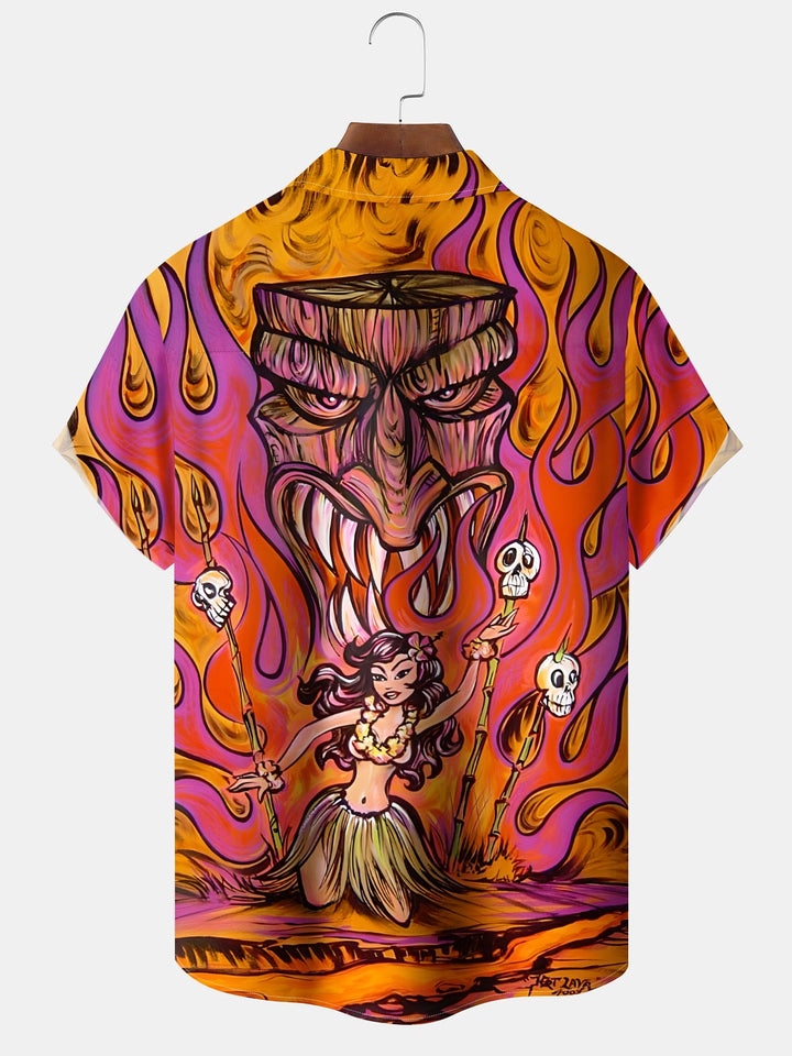 Alohadaddy® Vintage Mask Flames Printed Art Pockets Moisture Wicking Hawaiian Shirt Big &amp; Tall
