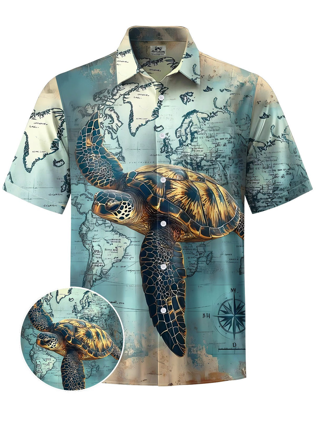 Alohadaddy® Vintage Nautical Turtle Print Art Chest Pocket Mens Short Sleeve Shirt Big &amp; Tall