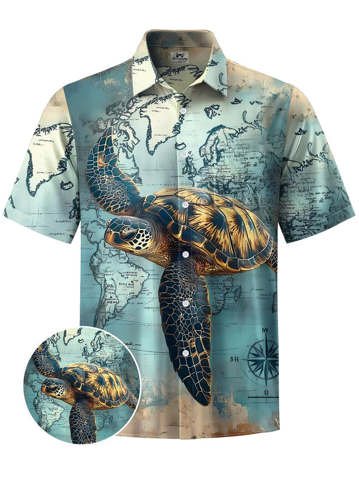 Alohadaddy® Vintage Nautical Turtle Print Art Chest Pocket Mens Short Sleeve Shirt Big &amp; Tall