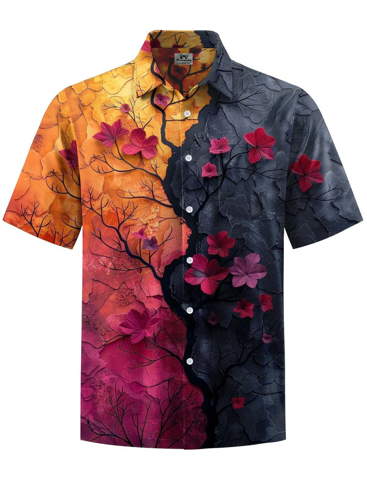 Alohadaddy® Vintage Contrast Floral Art Print Chest Pocket Stretch Men&