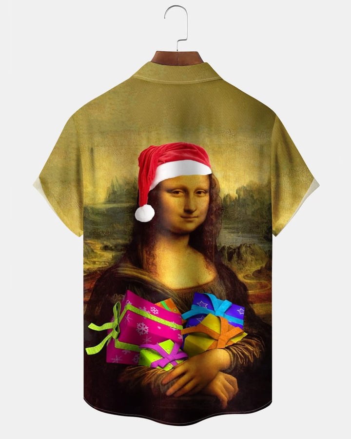 Alohadaddy® Vintage Christmas Mona Lisa Print Art Pocket Button Men&