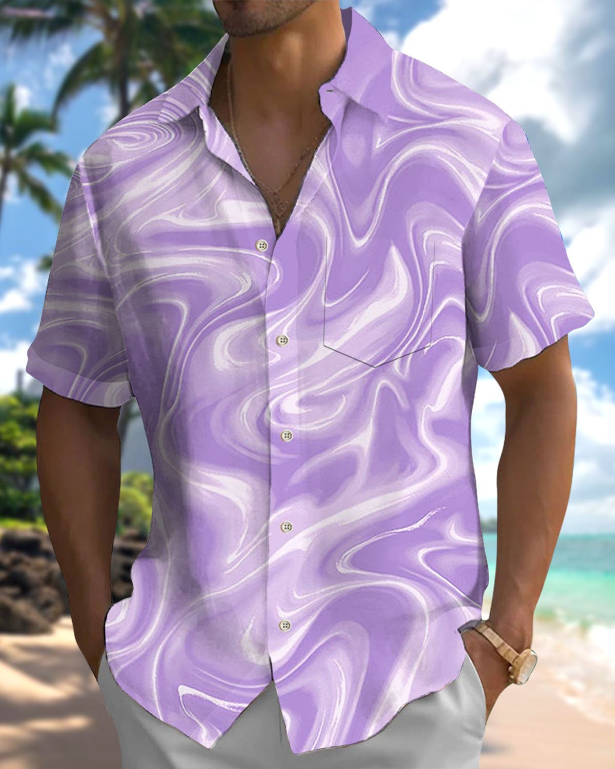 Alohadaddy® Casual Abstract Art Print Stretch Button Pocket Men's Short Sleeve Shirt Big & Tall