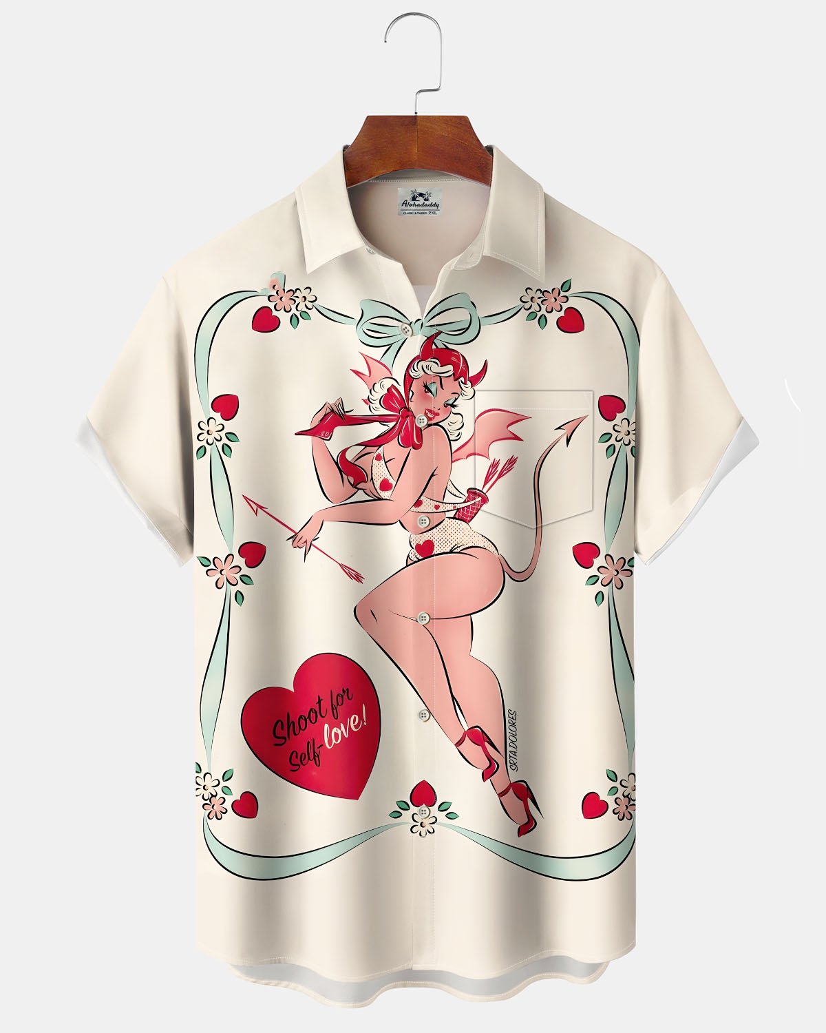 Alohadaddy® Retro Poster 60s Pin-Up Girl Abstract Print Art Button-Down Cardigan Pocket Men's Short-Sleeve Shirt Big & Tall