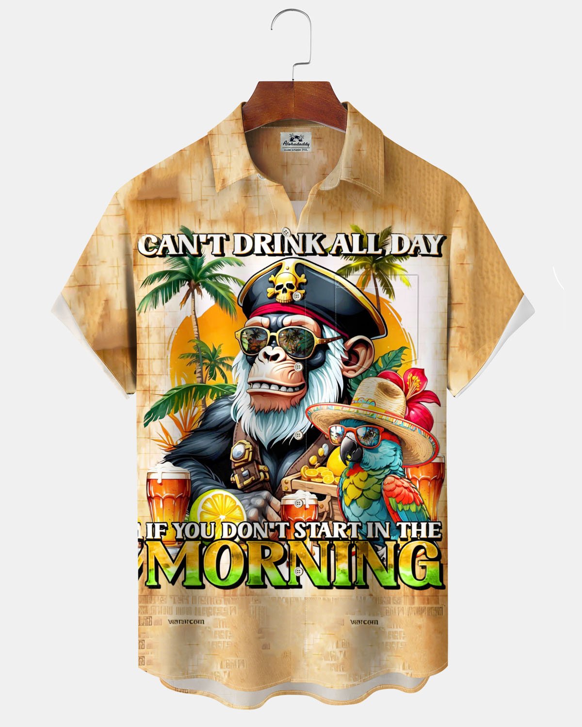 Alohadaddy® Hawaiian Monkey Parrot Print Art Pocket Button Men's Short-Sleeve Shirt