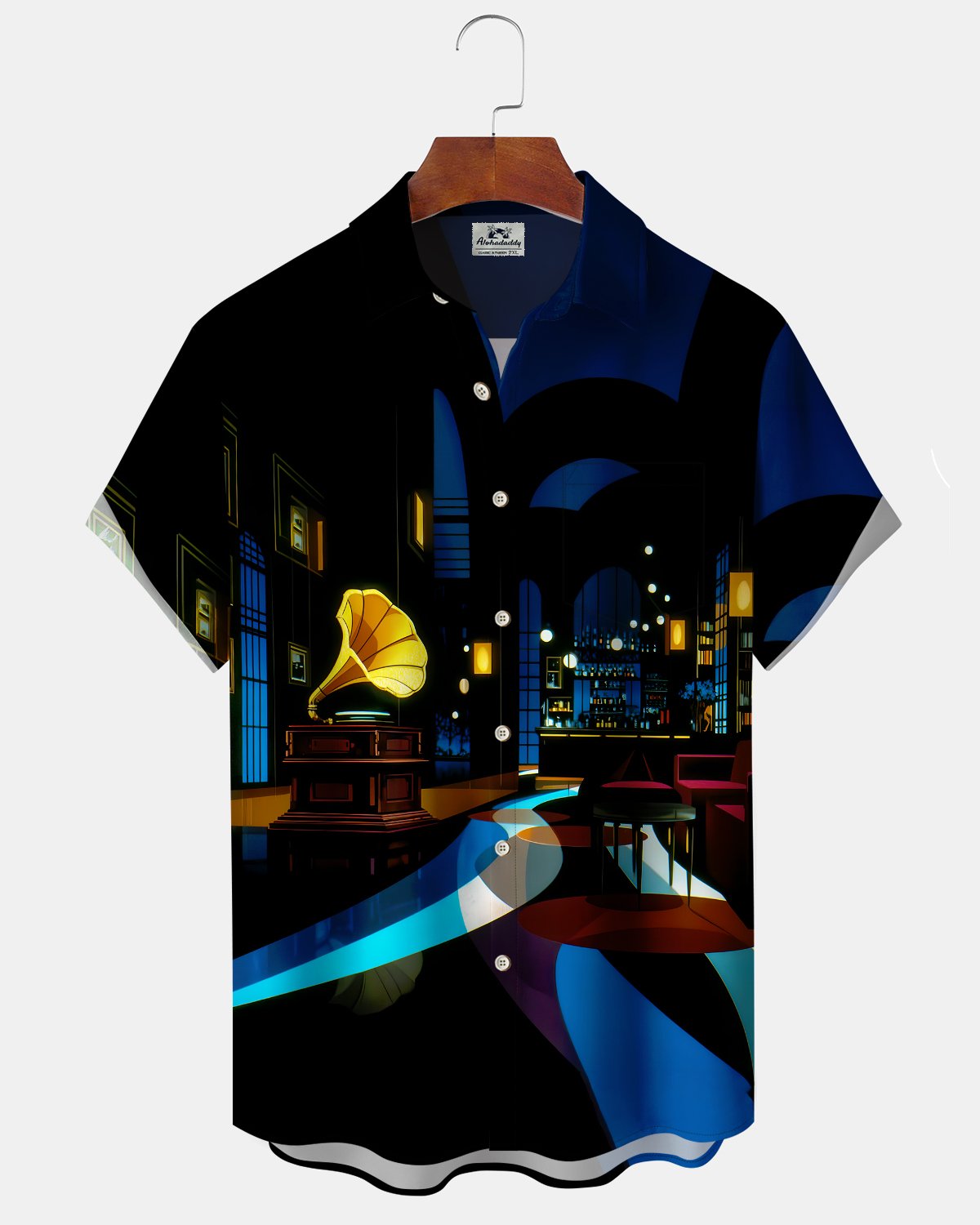 Alohadaddy® Men's Short-Sleeve Cardigan Shirt with Vintage Music-Themed Graphic Print and Pocket
