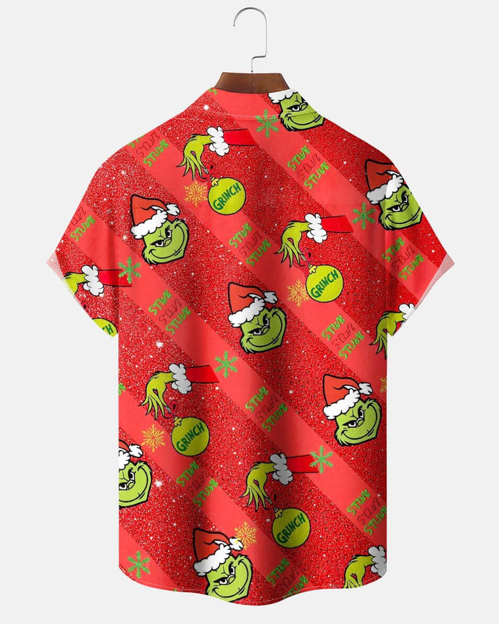 Alohadaddy® Holiday/Christmas Print Button-Down Short-Sleeve Men’s Cardigan Shirt with Pocket