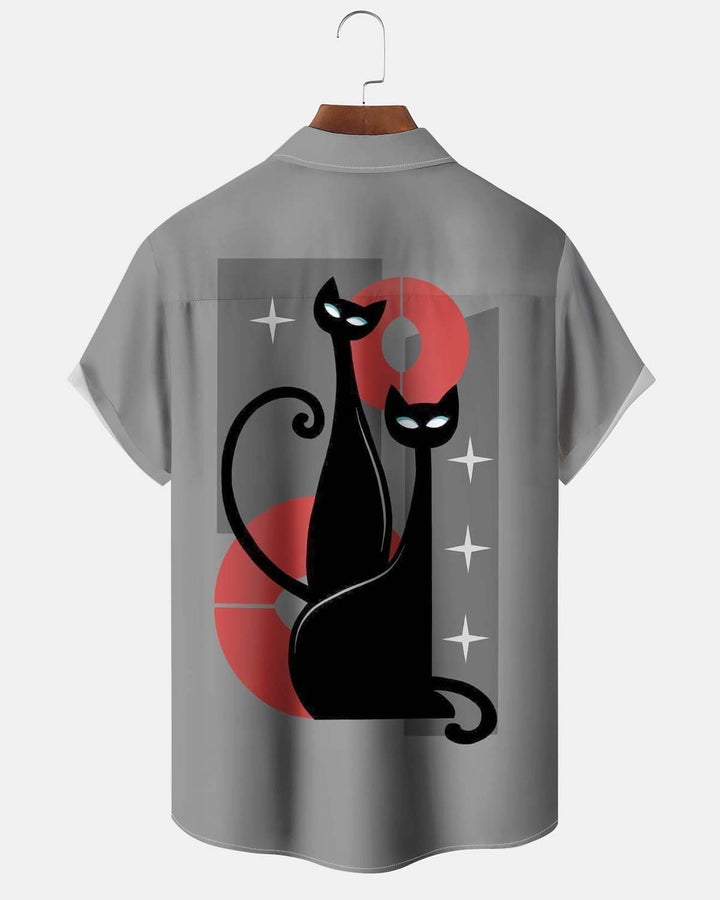 Alohadaddy® Vintage Atomic Twin Black Cats Print Button-Down Cardigan-Style Men’s Short-Sleeve Shirt with Pocket