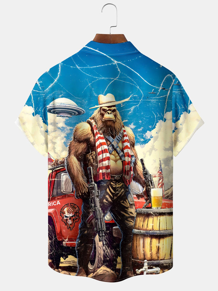 Alohadaddy Holiday Collection Independence Day Bigfoot Button Cardigan Pockets Stretch Oversized Polyester Short Sleeve Shirt