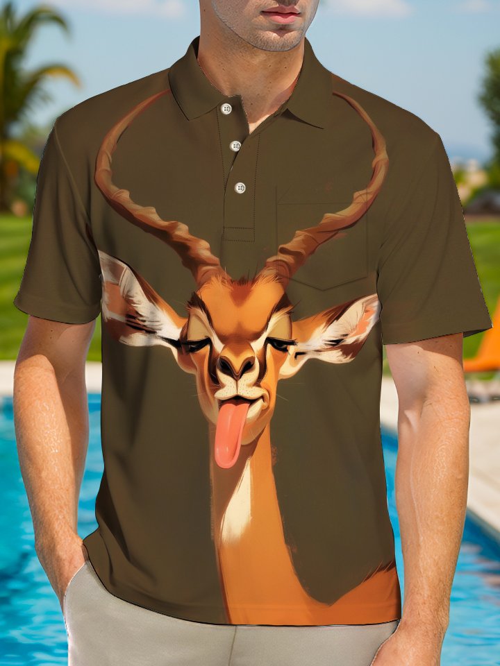 Alohadaddy Casual Animal Sheep Print Art Buttons Pockets Stretch Large Size Polyester Short Sleeve Polo Shirt