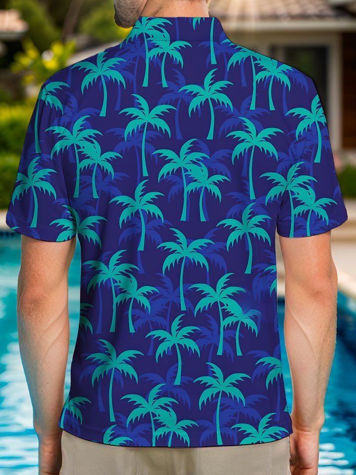 Alohadaddy Hawaiian Casual Palm Trees Painting Art Buttons Large Size Long Polyester Polo Shirt