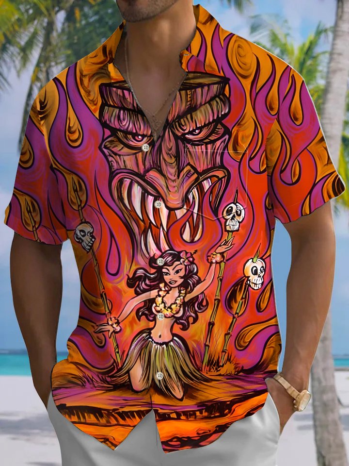 Alohadaddy® Vintage Mask Flames Printed Art Pockets Moisture Wicking Hawaiian Shirt Big &amp; Tall