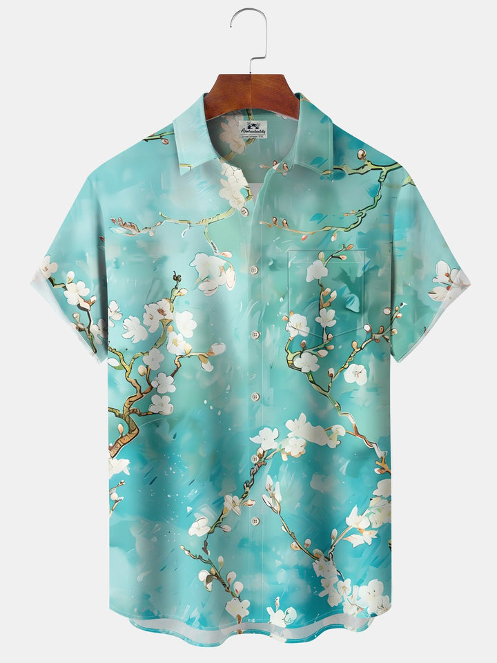Alohadaddy® Casual Floral Art Print Chest Pocket Stretch Hawaiian Short Sleeve Shirt Big &amp; Tall