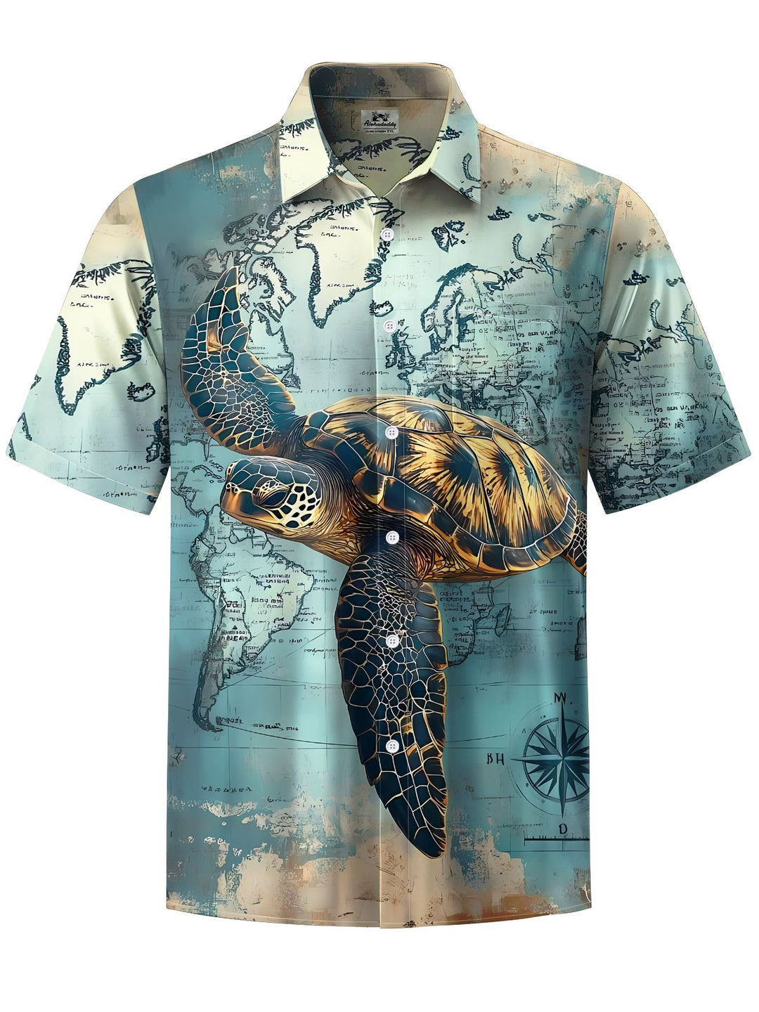 Alohadaddy® Vintage Nautical Turtle Print Art Chest Pocket Mens Short Sleeve Shirt Big &amp; Tall