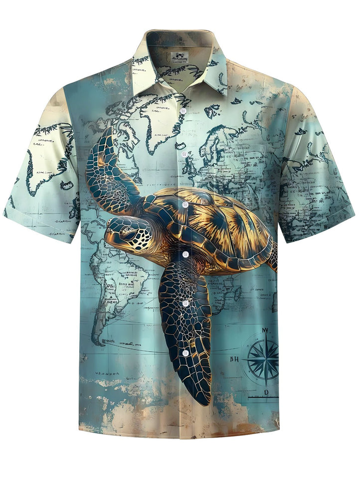 Alohadaddy® Vintage Nautical Turtle Print Art Chest Pocket Mens Short Sleeve Shirt Big &amp; Tall