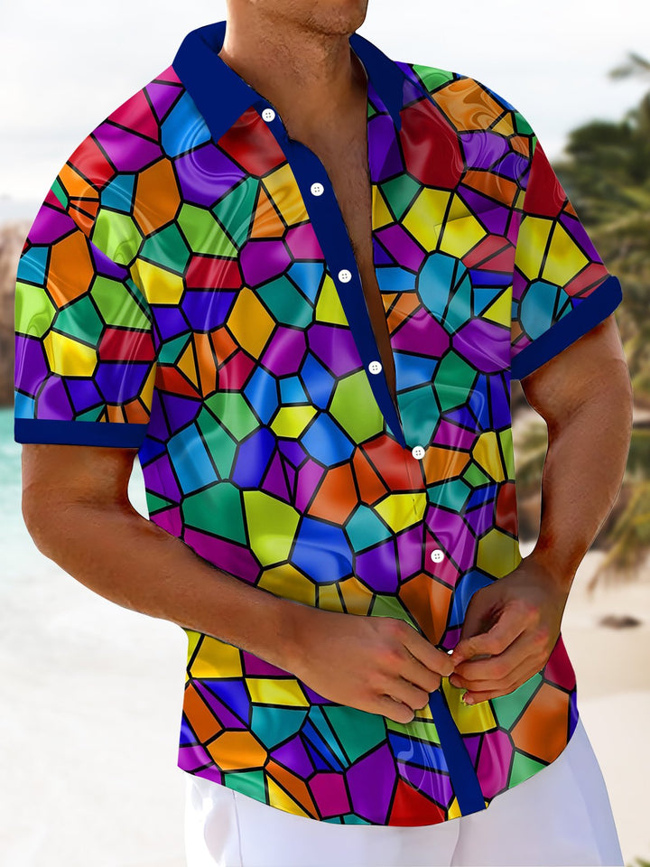 Alohadaddy® Casual Geometric Contrast Art Print Chest Pocket Men&