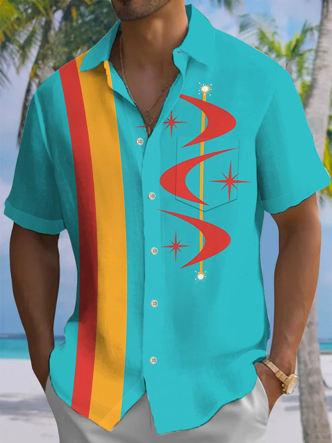 Alohadaddy® Atomic Geometric Boomerang Print Pocket Elastic Button Men&