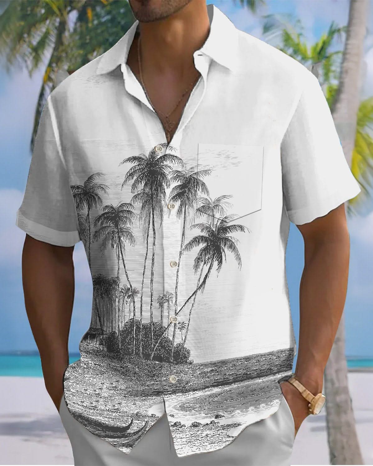 Alohadaddy® Vintage Beach Palm Tree Print Pocket Elastic Button Men's Short Sleeve Shirt Big & Tall
