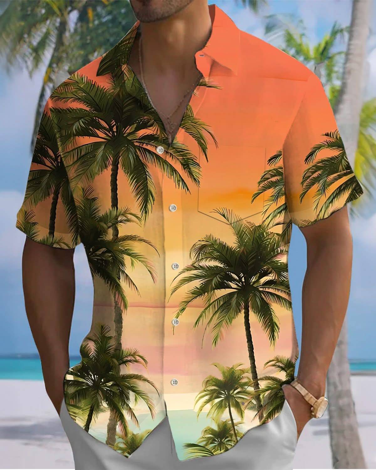 Alohadaddy® Hawaiian Palm Tree Print Art Pocket Button Elastic Men's Short Sleeve Shirt Big & Tall