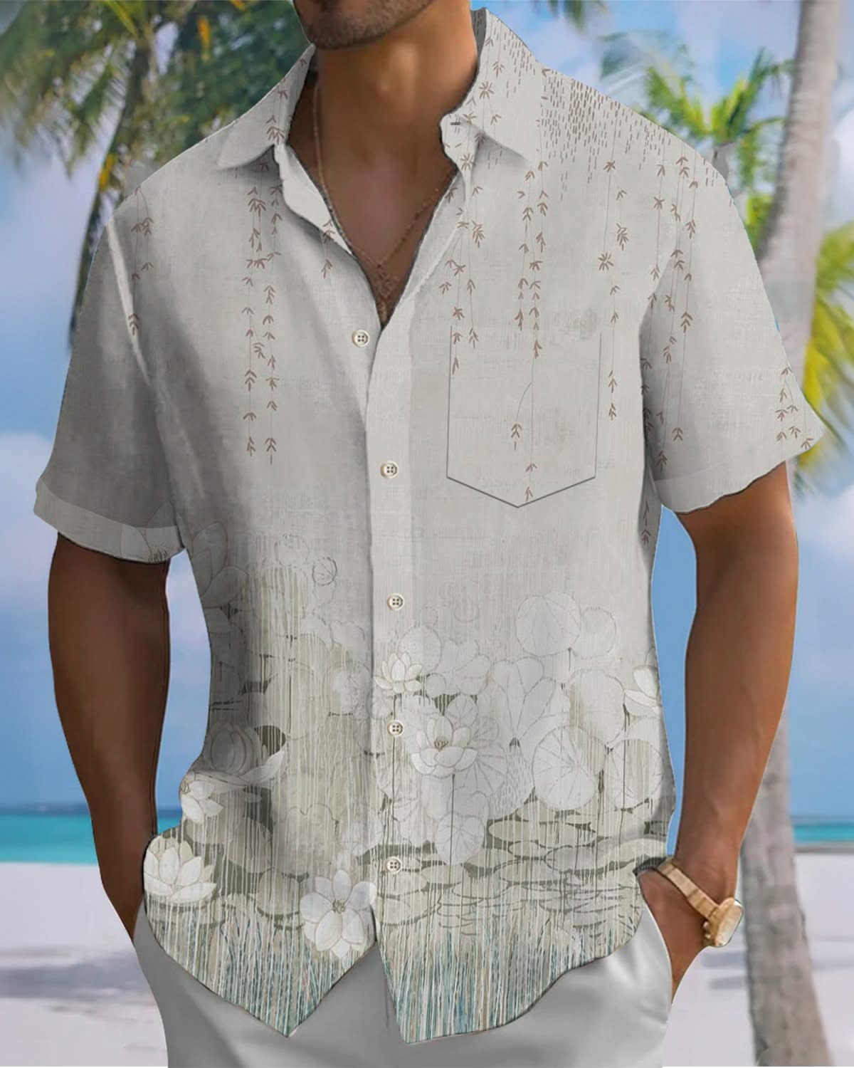 Alohadaddy® Retro Lotus Gradient Art Print Art Pocket Button Stretch Men's Short Sleeve Shirt Big & Tall