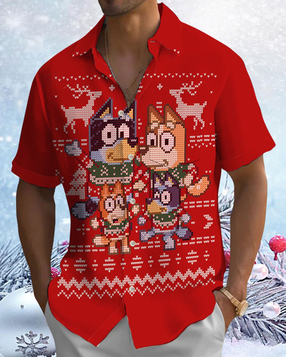 Alohadaddy® Christmas Dog Print Artistic Elastic Button Pocket Men's Short Sleeve Shirt Big & Tall