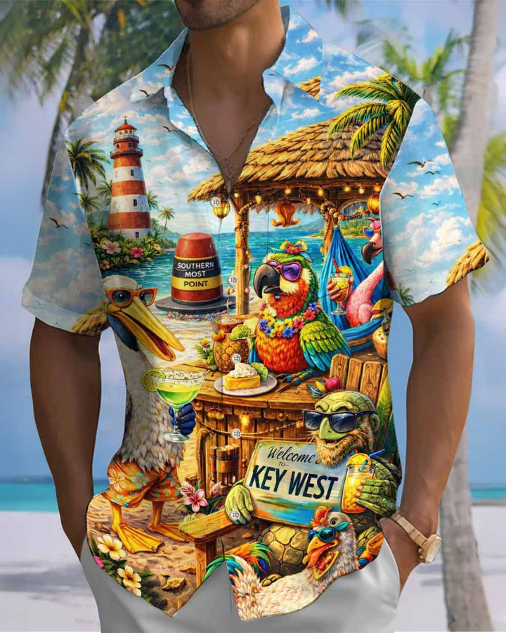 Alohadaddy® Hawaiian Parrot Print Art Pocket Button Cardigan Men&