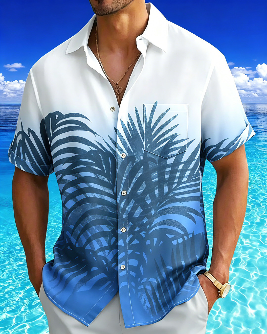 Alohadaddy® Hawaiian Palm Leaf Print Art Button Pocket Cardigan Men&