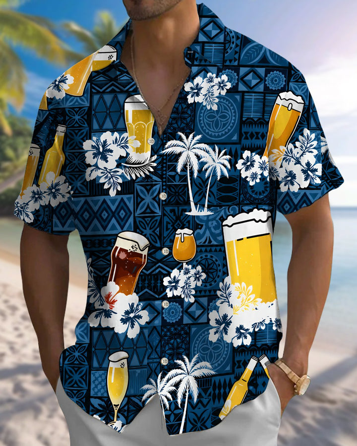 Alohadaddy® Hawaiian Beer Print Art Button Pocket Cardigan Men&