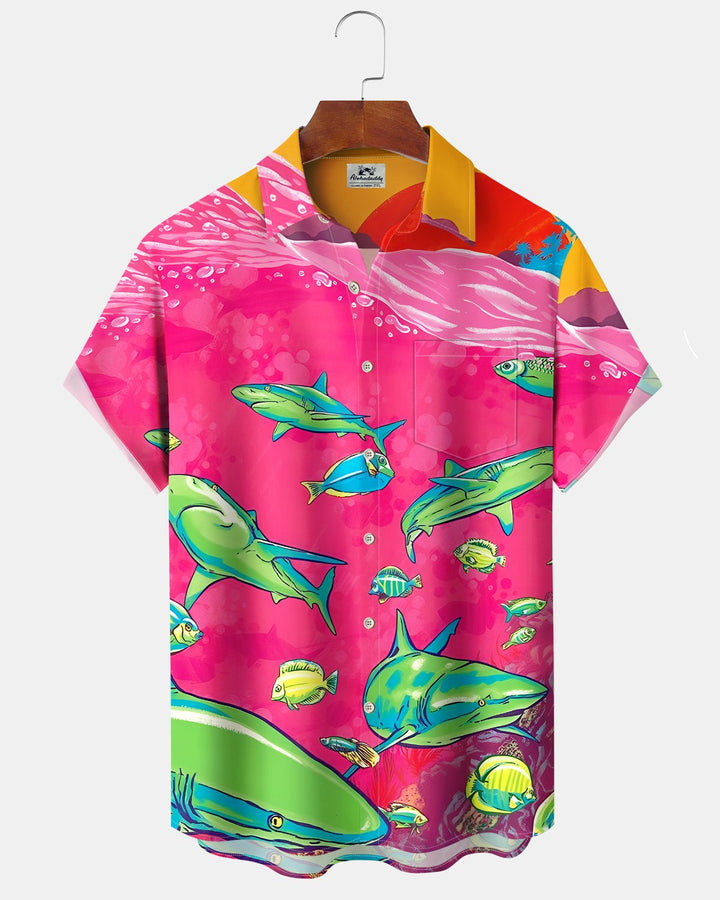 Alohadaddy® Hawaiian Shark Print Art Button Pocket Cardigan Men&