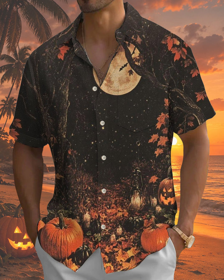 Alohadaddy® Holiday Halloween Print Button-Down Pocket Cardigan-Style Short-Sleeve Men&
