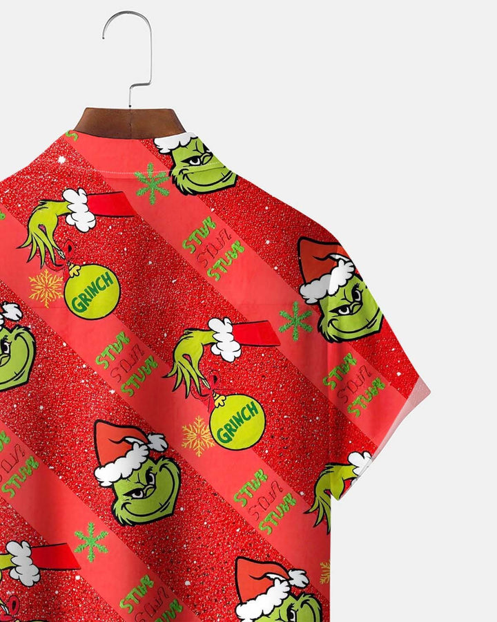 Alohadaddy® Holiday/Christmas Print Button-Down Short-Sleeve Men’s Cardigan Shirt with Pocket