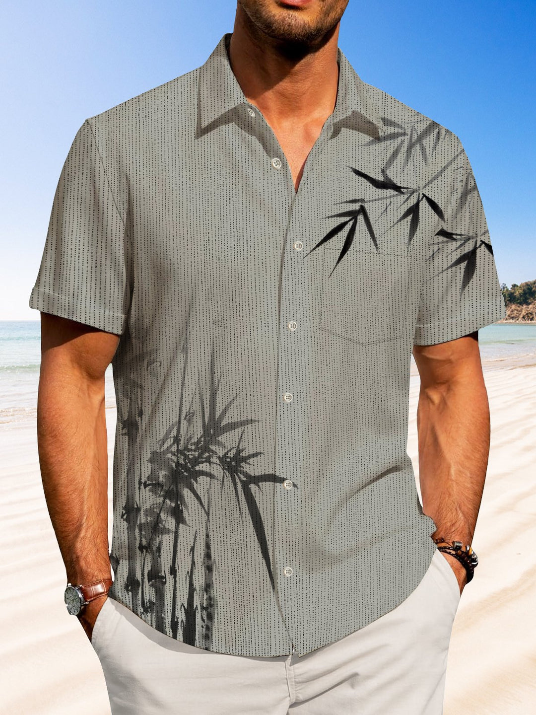 Alohadaddy Hawaiian Casual Ink Bamboo Print Art Pocket Button Cardigan Stretch Large Size Short Sleeve Shirt