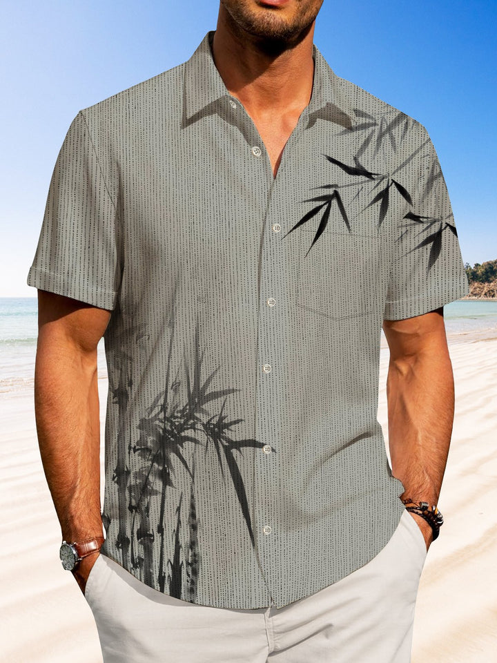 Alohadaddy Hawaiian Casual Ink Bamboo Print Art Pocket Button Cardigan Stretch Large Size Short Sleeve Shirt
