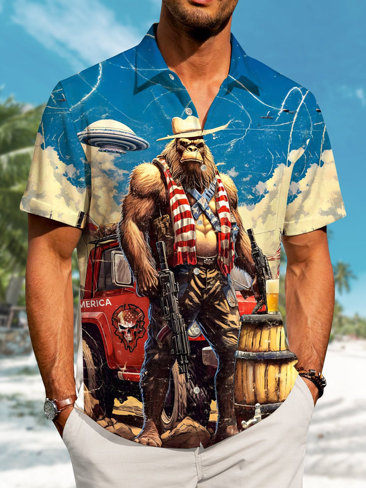 Alohadaddy Holiday Collection Independence Day Bigfoot Button Cardigan Pockets Stretch Oversized Polyester Short Sleeve Shirt