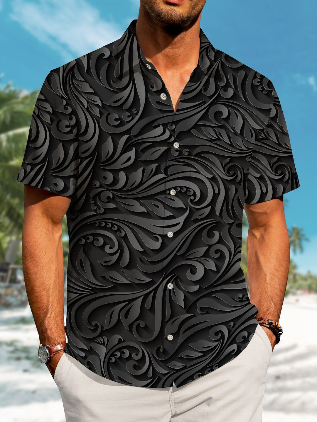 Alohadaddy Casual Collection Plants Dark Pattern Print Art Button Cardigan Pockets Elasticity Long Large Size Short Sleeve Shirt