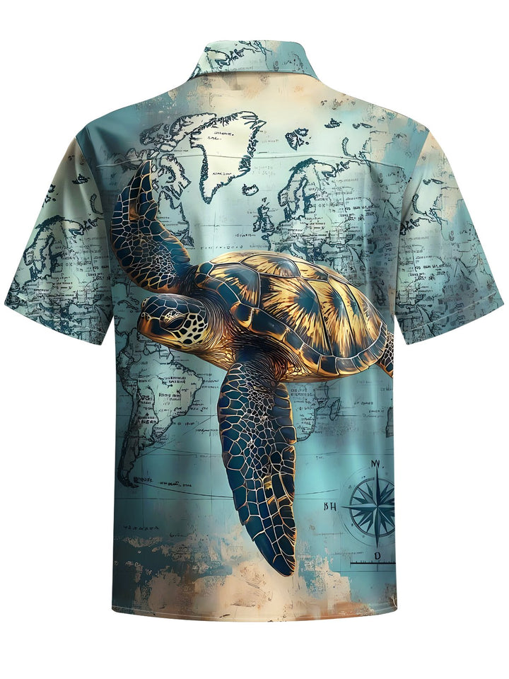 Alohadaddy® Vintage Nautical Turtle Print Art Chest Pocket Mens Short Sleeve Shirt Big &amp; Tall