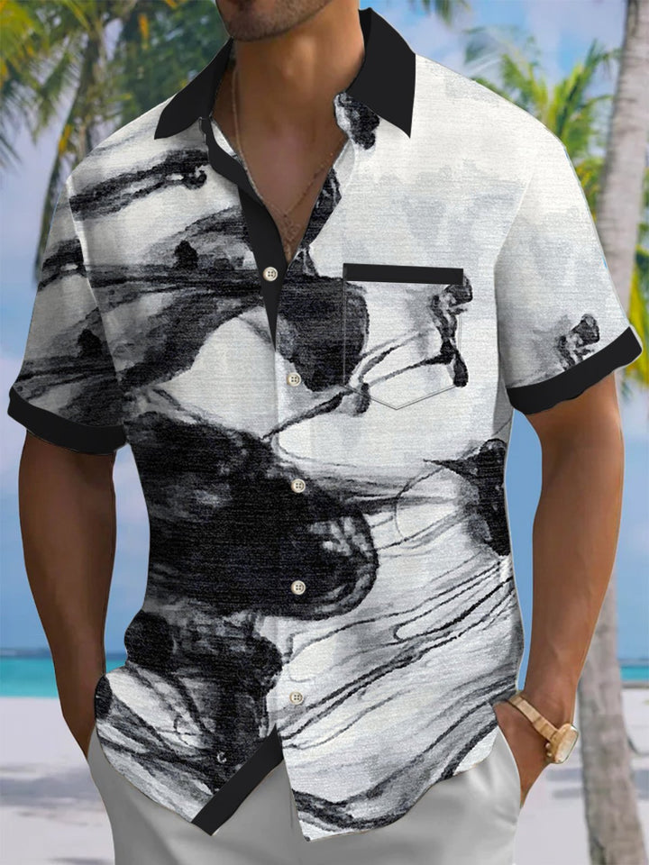 Alohadaddy® Casual Abstract Color Block Art Print Chest Pocket Men Short Sleeve Shirt Big &amp; Tall
