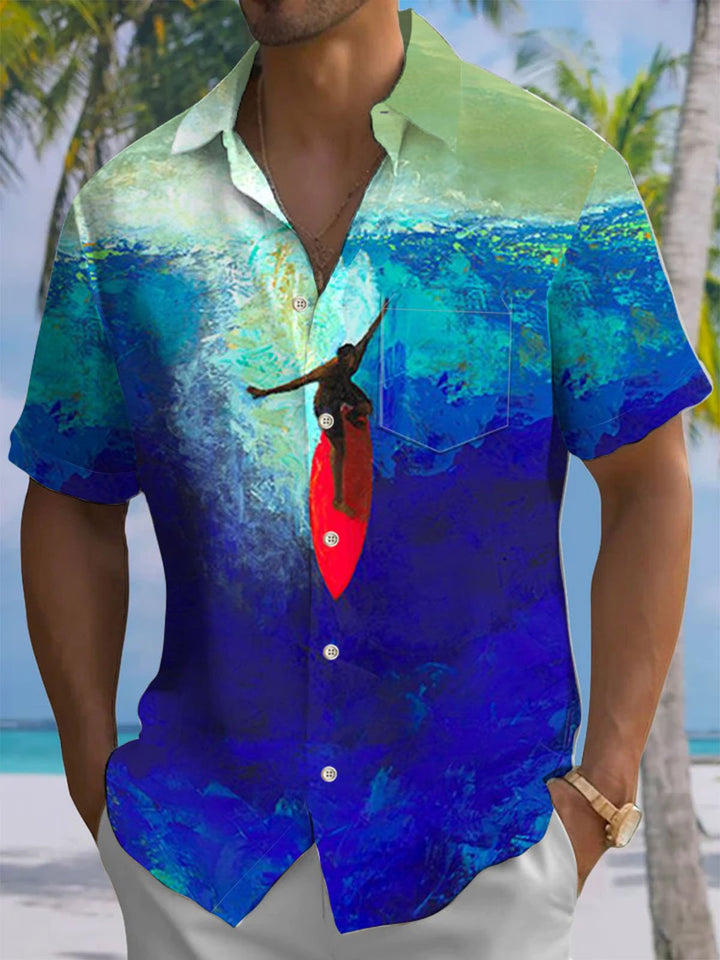 Alohadaddy® Hawaiian Surf Art Print Chest Pocket Mens Wicking Short Sleeve Shirt Big &amp; Tall