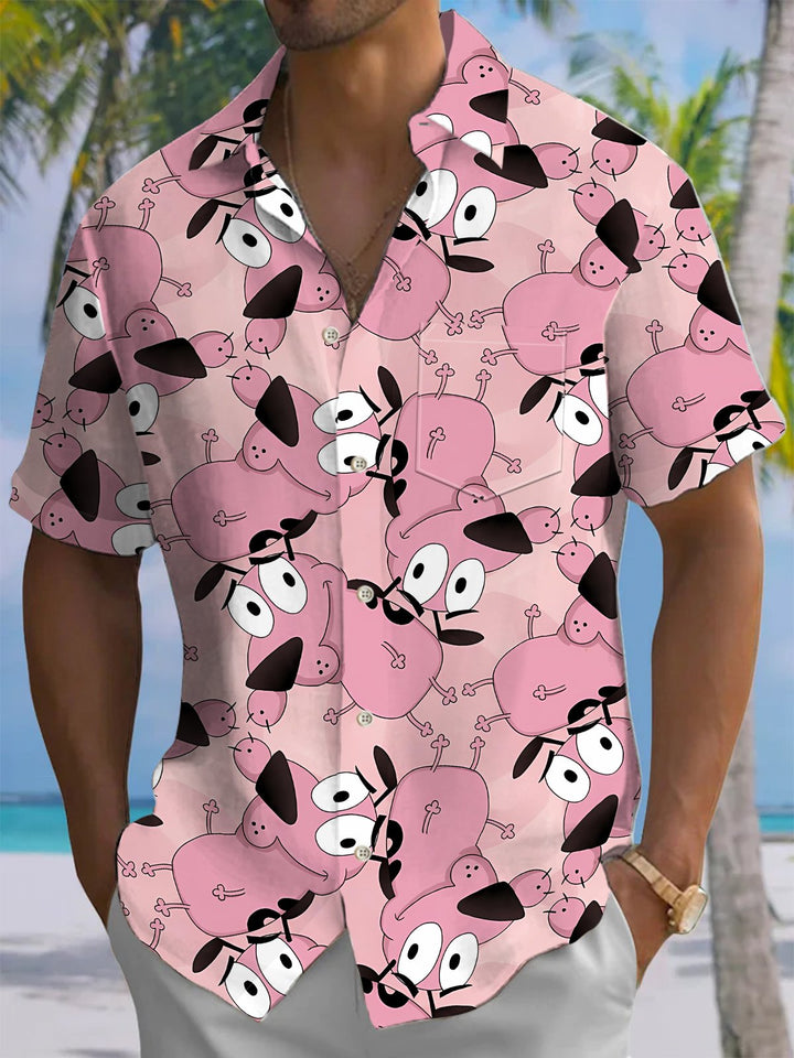 Alohadaddy® Hawaiian Cartoon Puppy Print Artwork Chest Pocket Men&