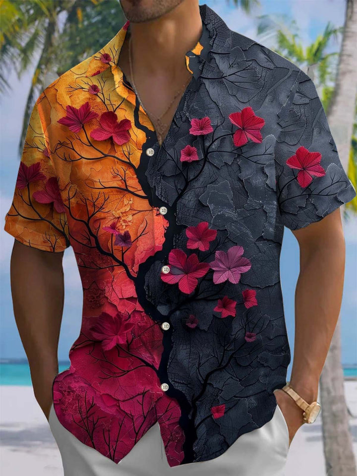Alohadaddy® Vintage Contrast Floral Art Print Chest Pocket Stretch Men&